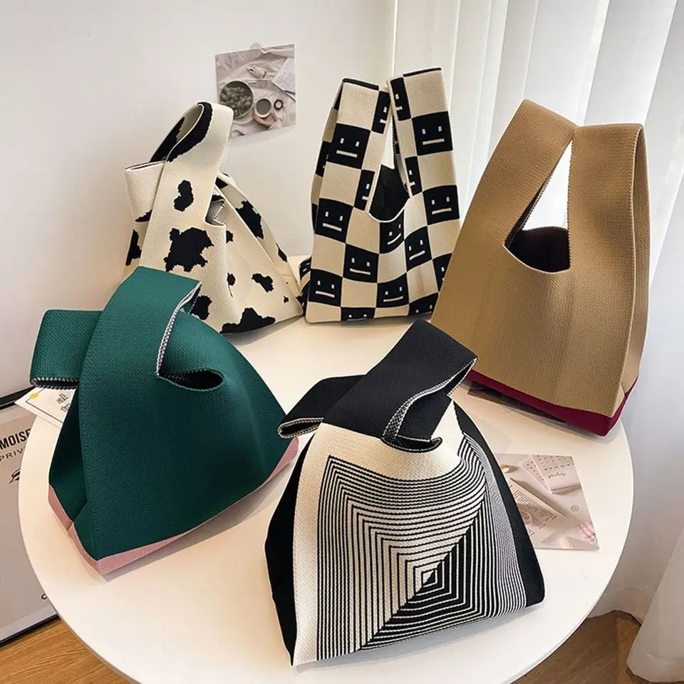 Ručne vyrábaná pletená kabelka Ženy Mini uzol zápästie Cast Color Color Plaid That Bag Študent opakovane použiteľné nákupné tašky