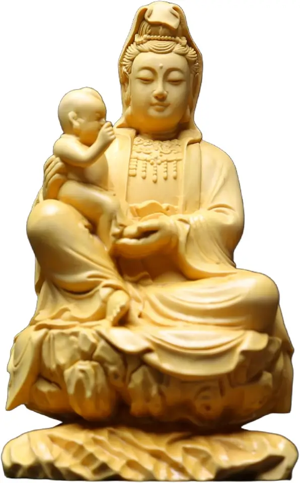 Ručne vyrábané boxelné drevoary Giving Guanyin Sochy Drevené sochárstvo Kuan Yin, bohyňa milosrdenstva a plodnosti, domáci dekor,