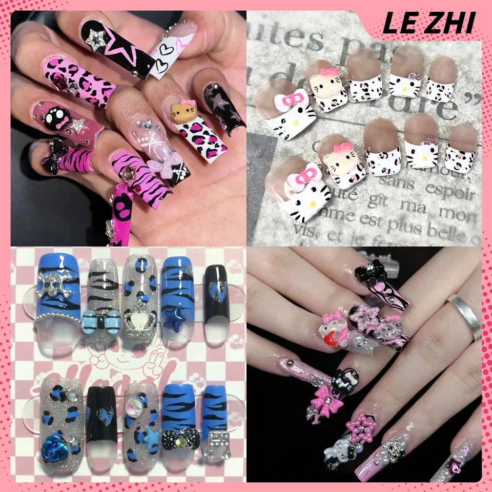 Ručne vyrábané karikatúry falošné nechty Spice Girl Y2K Hello Kitty Leopard Print Design Design francúzsky euro-americký štýl na nechtových večierkov
