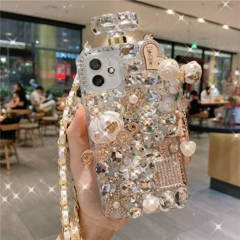 Ručne vyrábané klenotné fľašové puzdro pre iPhone 15 14 13 16 Pro 16Plus Max, kryt proti škrabaniu s remienkom na medvedie tekvicu