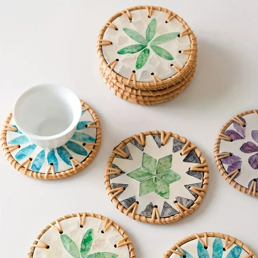 Ručne vyrábané ratanové a keramické škrupiny Coasters Creaty Farebný okrúhly konferenčný stolík rohože dekorácie misky pre domáci dekor