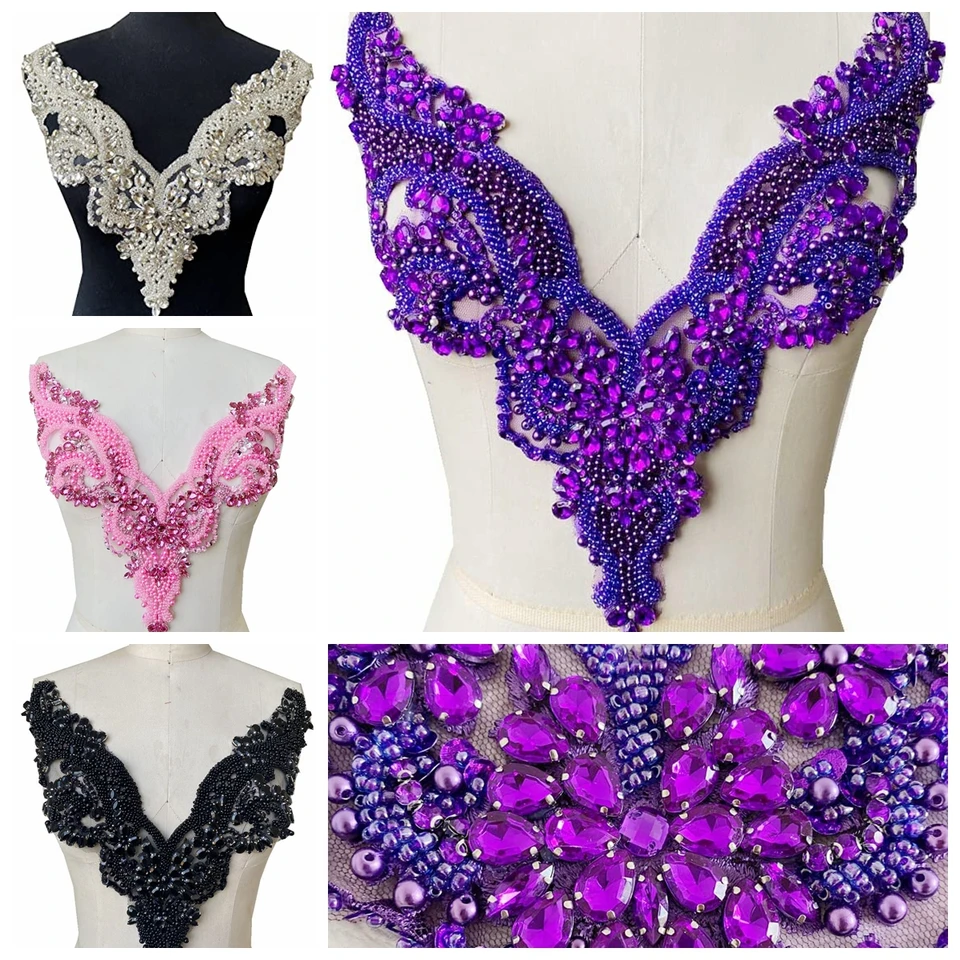 Ručne vyrábané červené/royalblue/ddepgreen/zlato/strieborné kamienky Bodice Aplikácia Šitové korálky Crystal Tress Patches