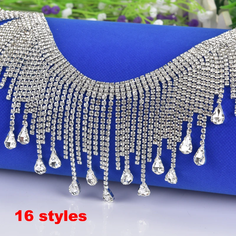 Ručne vyrábané šijacie strapce Fringing Orezávanie Bridal Crystal Clear Reminestone Appliques reťaz pre svadobné šaty pásy Dance odev DIY