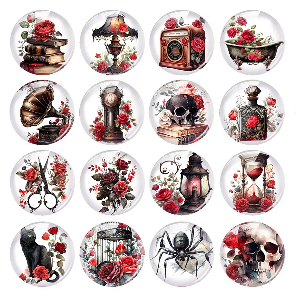Ručne vyrábaný Halloween Gothic Rose Šižba lebky Spider Cat Radio Photo sklo sklo Cabochon Flatback Demo Cameo Cameo pre domácich majstrov