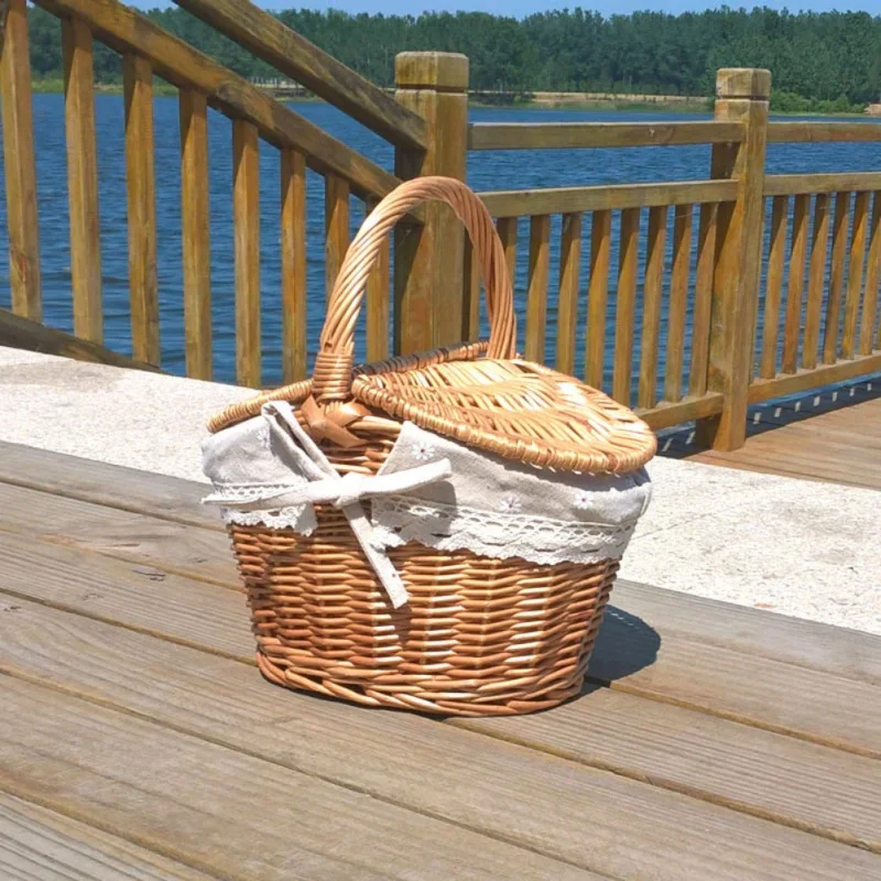 Ručne vyrábaný prútený košík tkaný ratanový kôš s rukoväťou rustikálny štýl Lace Decor Storage koše pre piknikové kempingové turistické jedlo