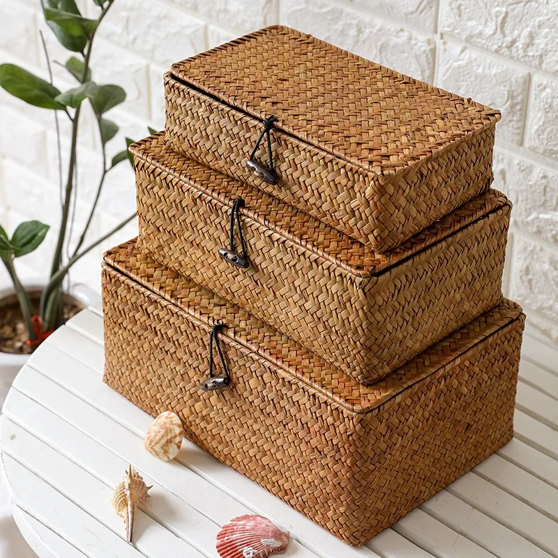 Ručne vyrábaný prútený tkaný úložný box Rattan Storage Finaling Basket s vekom Onfry Bath Cosmetic Uteelová nádoba na práčovňu