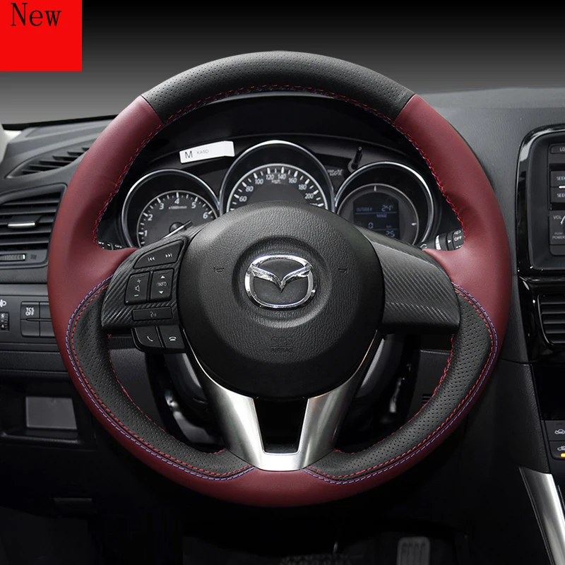 Ručne zašité kožené semišové uhlíkové vlákno kryt volantu na volant pre Mazda 3/6 m5 CX-5 CX-4 CX-8 Interiérové ​​doplnky