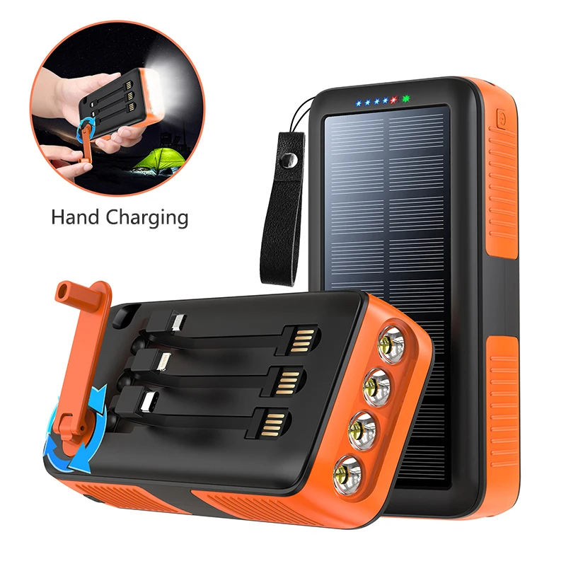 Ručná solárna banka Solar Power Bank 30000MAH USB Rýchle nabíjanie Preverbank postavené 4 káblové kempingové svetlo pre iPhone Samsung Xiaomi PowerBank