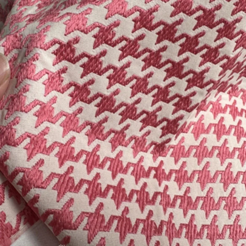 Ružová brokátová tkanina Jacquard Houndstooth obrusový dizajnér DIY šijací handrič