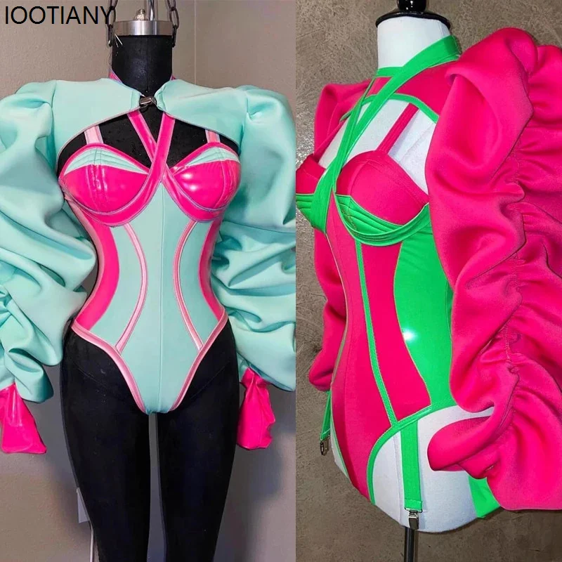 Ružová zelená zostrihová farebná farba BodySuit Bubble Ruckve Top Drag Queen Dance Costy Nightclub Bar Dámsky spevák výkon Rave outfit