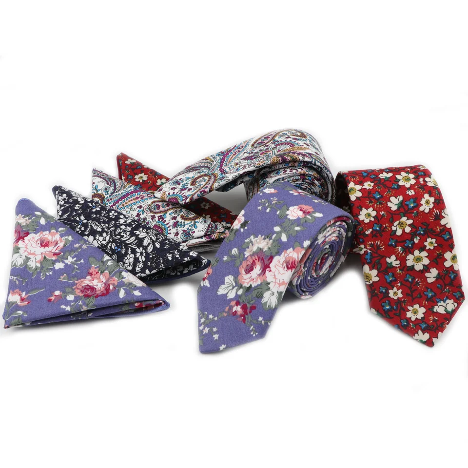 Ružová úzka kravata hankerchief set 100% bavlnené textilné kravaty vreckové kvetinové kvetinové kvetinové kvetiny klasické chudé kravaty 2 ks