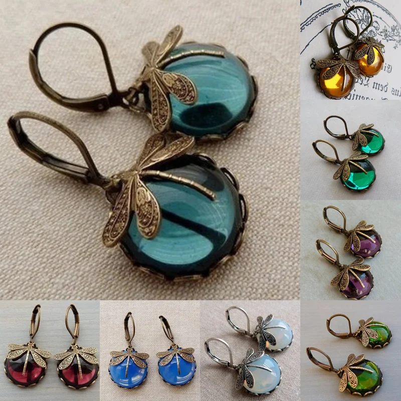 Ružová červená vintage kovová vykladaná viacfarebná sklenená kupolová náušnica Victoria mosadz Dragonfly Pendant náušnice darček pre ženy