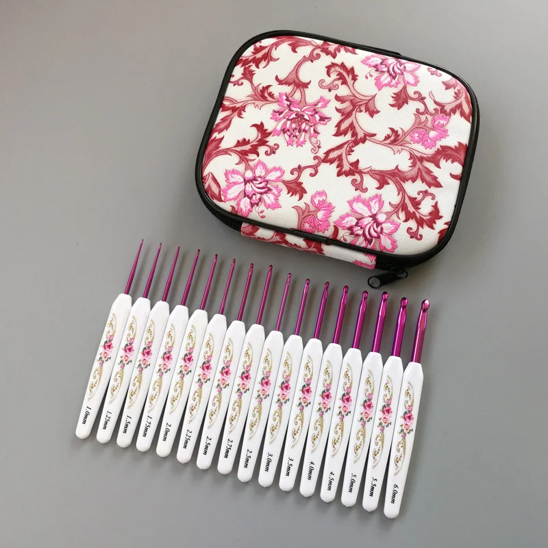 Ružové hliníkové háčkovacie háčiky súprava pletenia Plastová rukoväť DIY Craft Set pre tkanú priadzu zo sveter