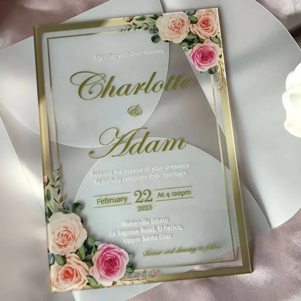 Ružové kvetinové akrylové svadobné pozvánky, vlastné akrylové pozvanie, polowenvelope, personalizované pozvanie Quinceanera, 10ks