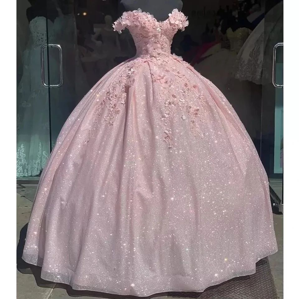 Ružové kvetinové guľôčkové šaty quinceanera šaty z rukávov s rukávmi z rukávov korálky