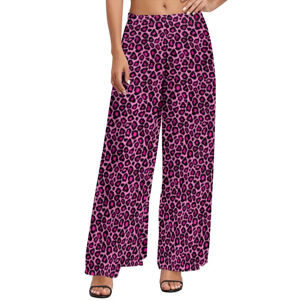 Ružové leopardové nohavice zvieracie kožušiny tlačené streetwear rovné široké nohavice elastické vysoký pás sexy nohavice veľkej veľkosti