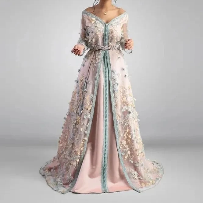 Ružové marocké kaftan moslimské večerné šaty A-line Dlhé rukávy Aplikácie čipky Dubaj arabské morčacie caftan Abaya Islamské šaty