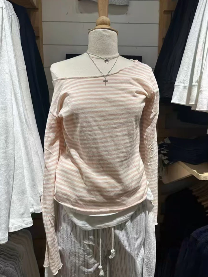 Ružové pruhované sladké tričká s dlhým rukávom Dámske ženy sexy lomítko krk na krk s surovou lemkou štíhle tričko vintage preppy štýl letné odpaliská y2k