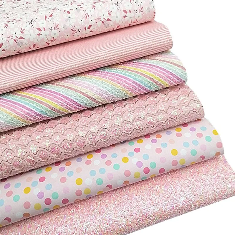 Ružové pruhy Vlastné trblietavé kožené pletenie trblietavé kožené bodky kvety tlačené faux koža pre remeselné listy pre domácich majstrov mini rolky w112