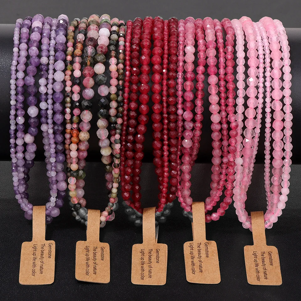 Ružové ružové kremenné korálky 2 3 4 mm prírodný kameň Tourmaline Ametysty Morganite Loose Loose For pre šperky na výrobu DIY náramok