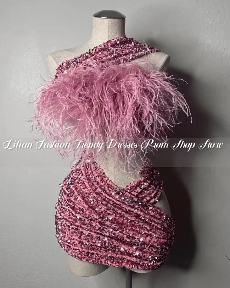 Ružové ružové zamatové krátke prom domáce šaty pre ženy iskrivé perie čierne dievča narodeniny Custom Gown Vestidos de Gradución