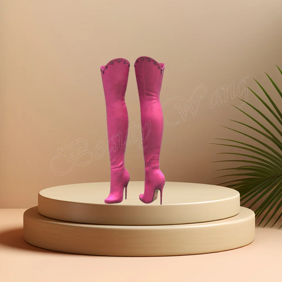 Ružové stehno vysoké topánky kovové dekorácie vysoké podpätky Stilettos päta špicaté špičky špičky vysoké podpätky topánky pre ženy 2024 Zapatillas majer