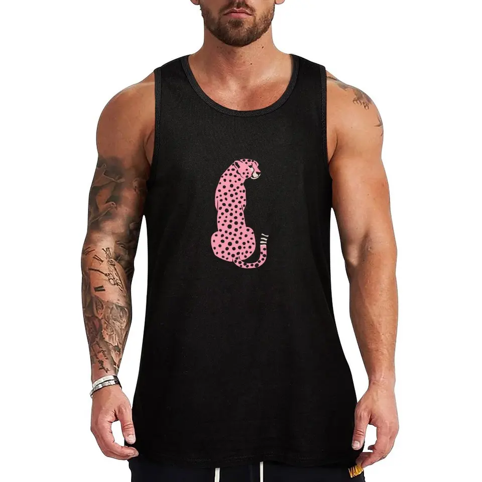 Ružový leopard africký gepard Tropical pop Art Tank Top Gym oblečenie muž Fitness tričko Pánska telocvičňa top letná letná rukáva vesta muži
