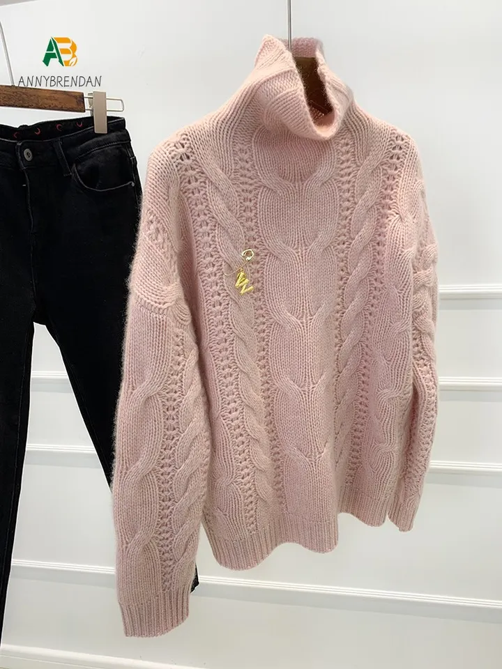 Ružový nový dámsky rolák twist cashmere sveter Zhruba skrútený sveter zimný sveter luxusný suter pull femme