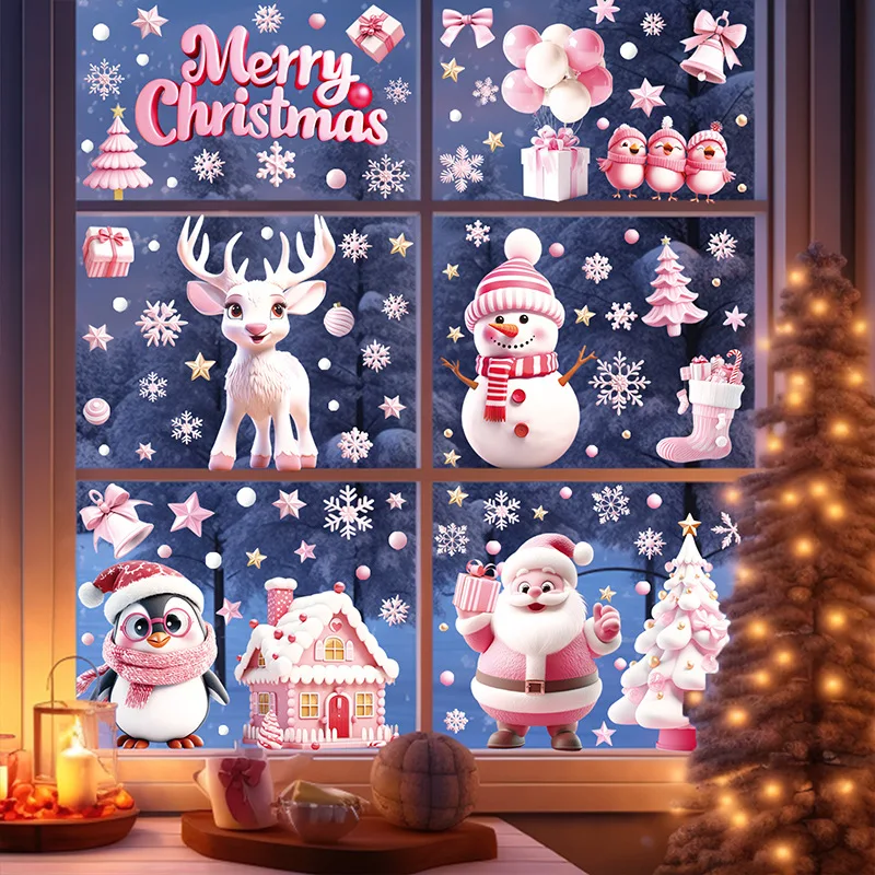 Ružový sob santa vianočné nálepky Zvieratá Snowman vianočné stromy snehový dom okenné nálepky pre detskú izbu Nový rok dekor
