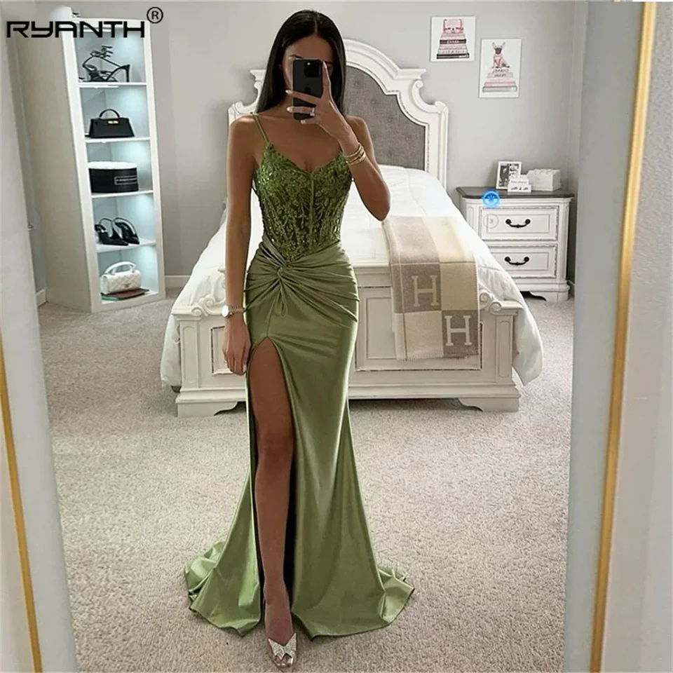 Ryanth High Strlit Mermaid Prom Dress Spaghetti Raps Aplikácie saténové dlhé olivové zelené večerné šaty špeciálne príležitosti šaty