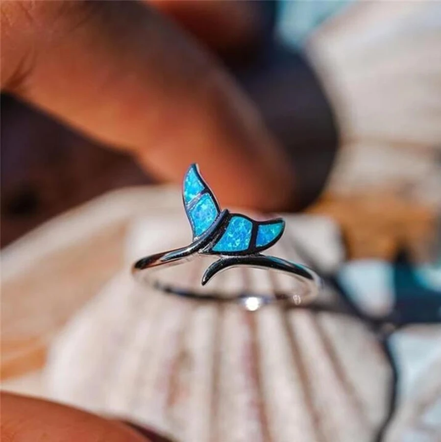 Rybí chvost modrý oheň Opal Rings pre ženy ženská strieborná farba svadobné kapely zásnubný prsteň šperky darček pre jej vlastné šperky