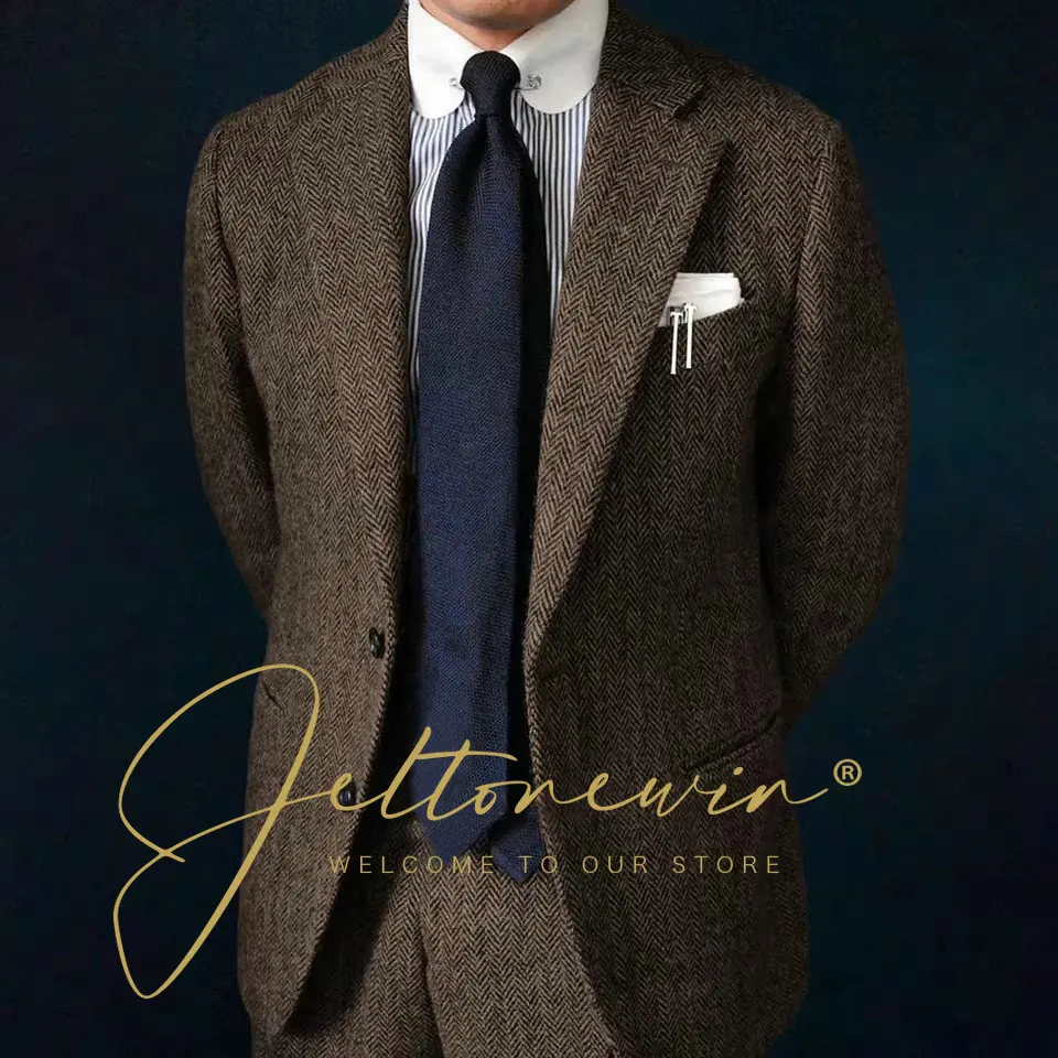 Rybí kosť Tweed vlnené obleky pre pánske formálne obchodné blazer svadobné ženích Tuxedo Slim Fit 2 -kusová bunda nohavičky Terno Masculino