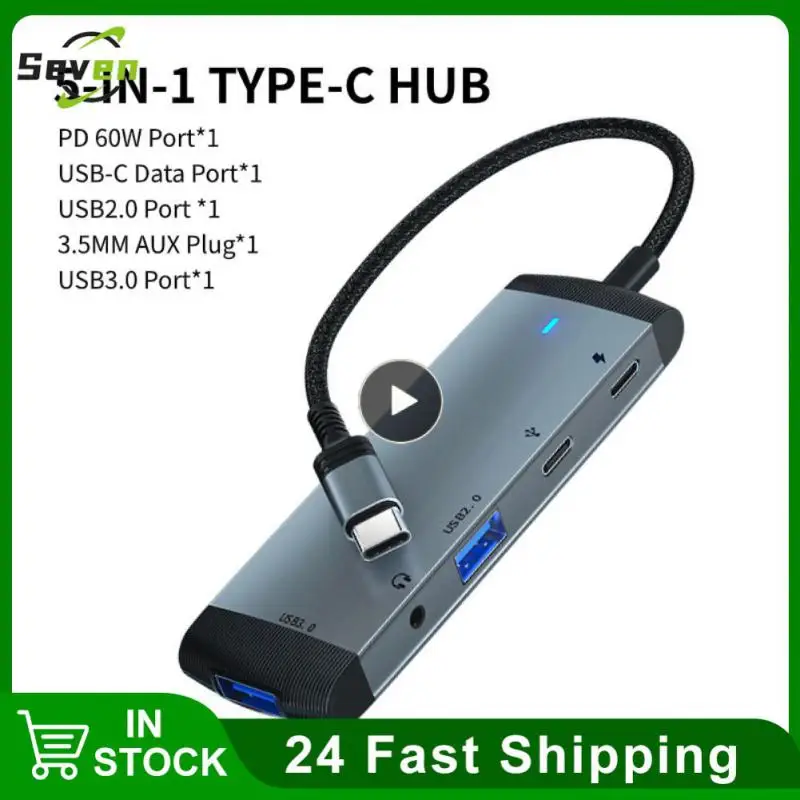 Ryra Type-C Extender Hub 5 In 1 USB 3.0 2.0 Splitter PD 60W Docking Station Adaptér 3,5 mm počítačové príslušenstvo Audio Jack