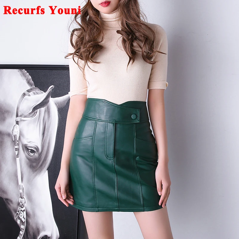 RYS1358 Jar 2023 Dámska originálna kožená krátka sukňa Dámy A-Line Slim Zipper Mini Faldas Mujer Grass Green/Black Chic Saia