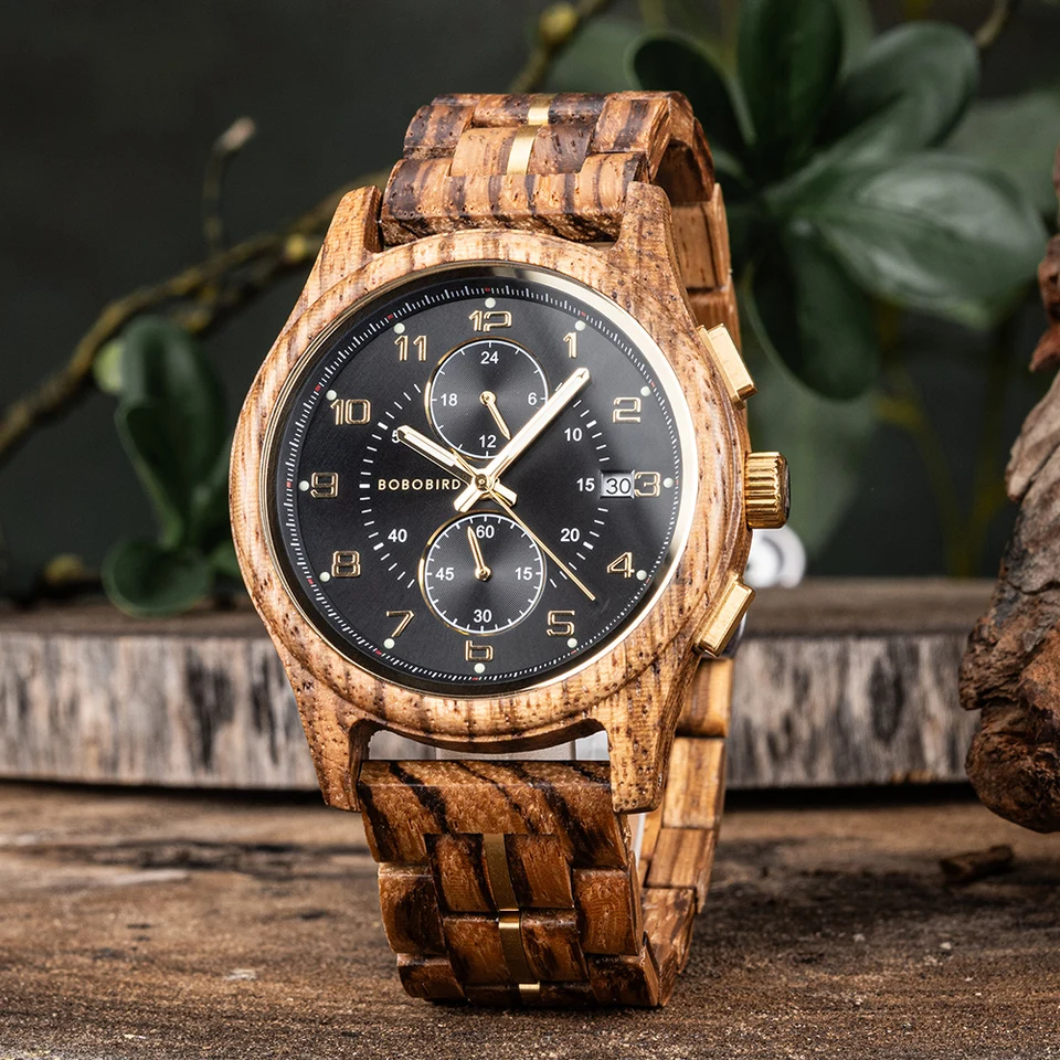Ryté drevené hodinky pre mužov Bobo Bird Chronograph náramkové hodinky so svetelnými rukami Vlastné drevené hodinky pre neho