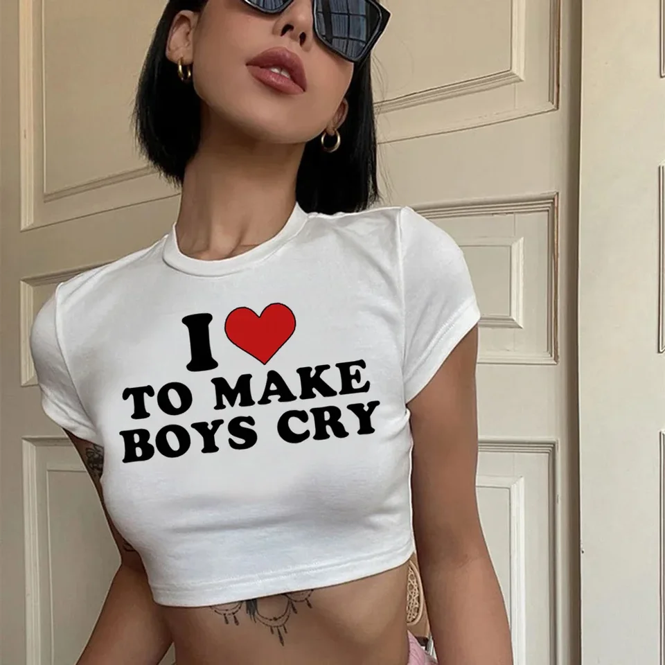 Rád robím, aby chlapci plačú grafické kybernetické y2k vintage plodiny Top ženská hippie cyber y2k kórejská módna plodina top odev