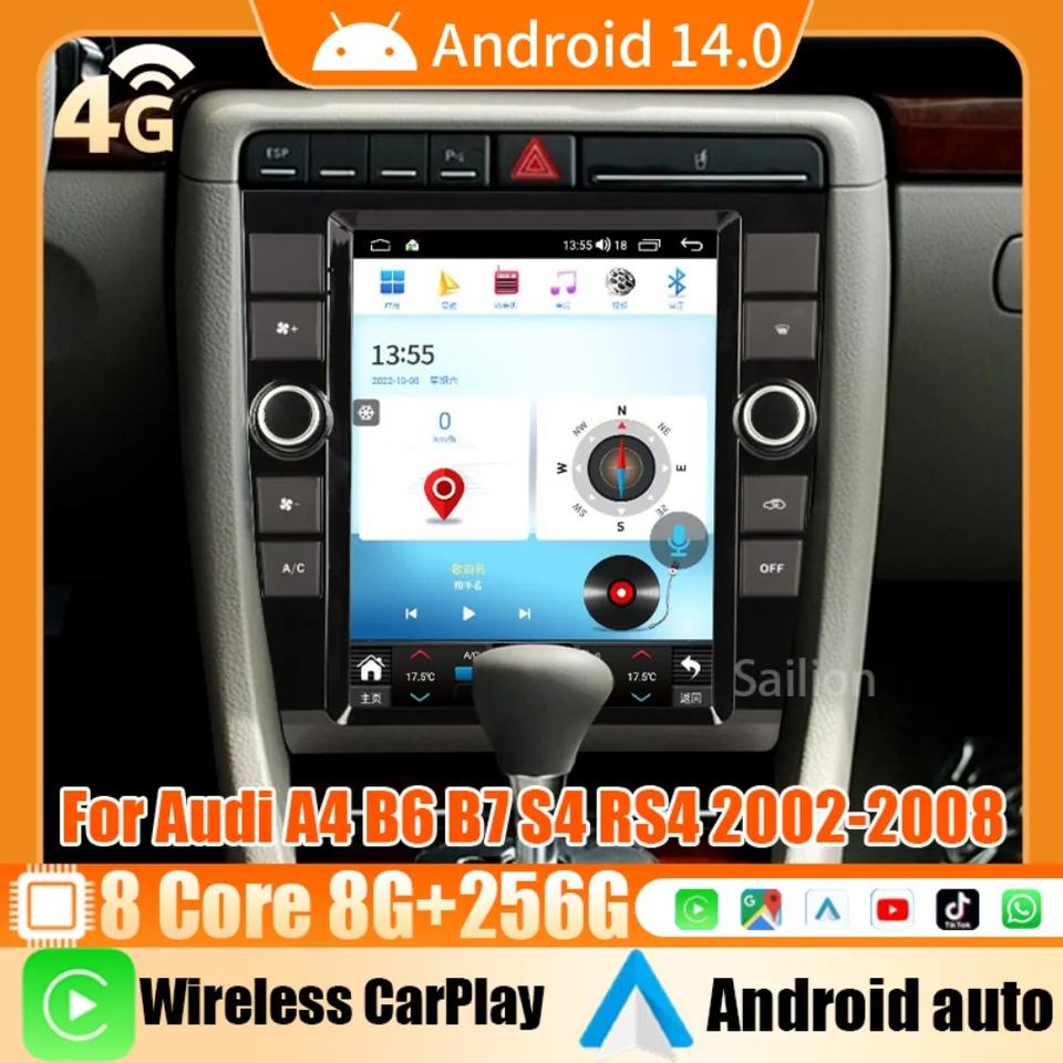 Rádio Android 14 pre Audi A4 B6 B7 S4 RS4 2002-2008 Tesla Automotive multimediálne CarPlay Auto Wifi Bluetooth Stereo GPS 1Din