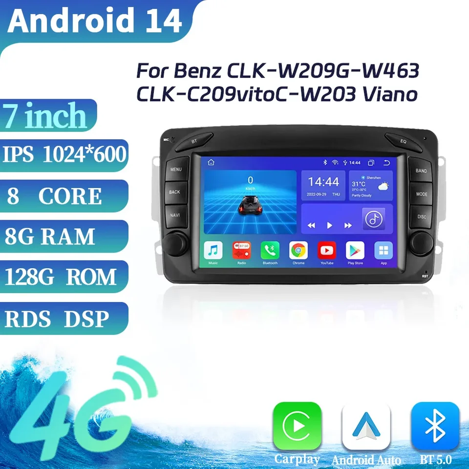 Rádio pre Android Car pre Benz Clk-W209 G-W463 CLK-C209 VITO C-W203 VIANO CARPLAY GPS 2 DIN Multimediálny stereofónny panel konzoly