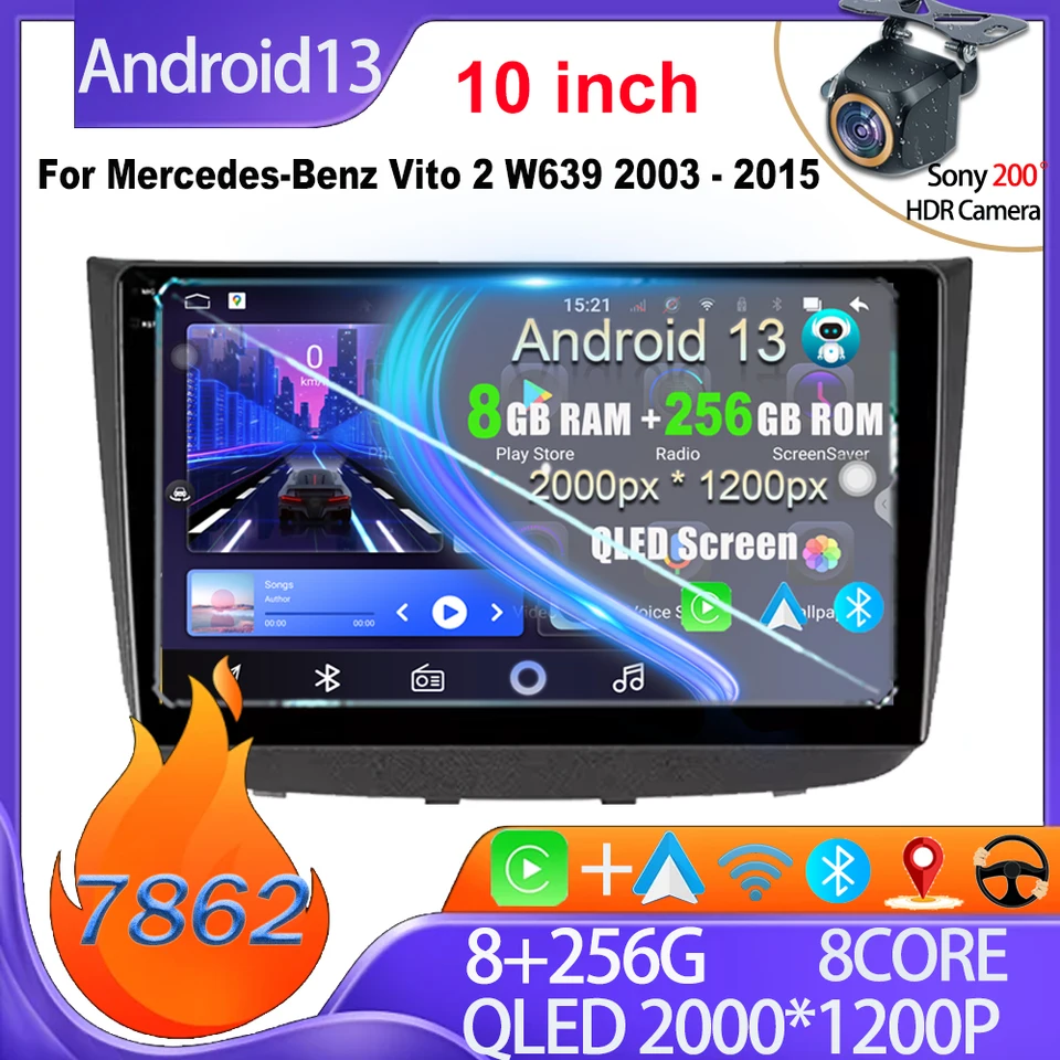 Rádio pre Android pre Mercedes -Benz Vito 2 W639 2003 - 2015 Stereo Head Dash Dash Mirror Link 5G 7862 RDS CarPlay 8 Core WiFi BT