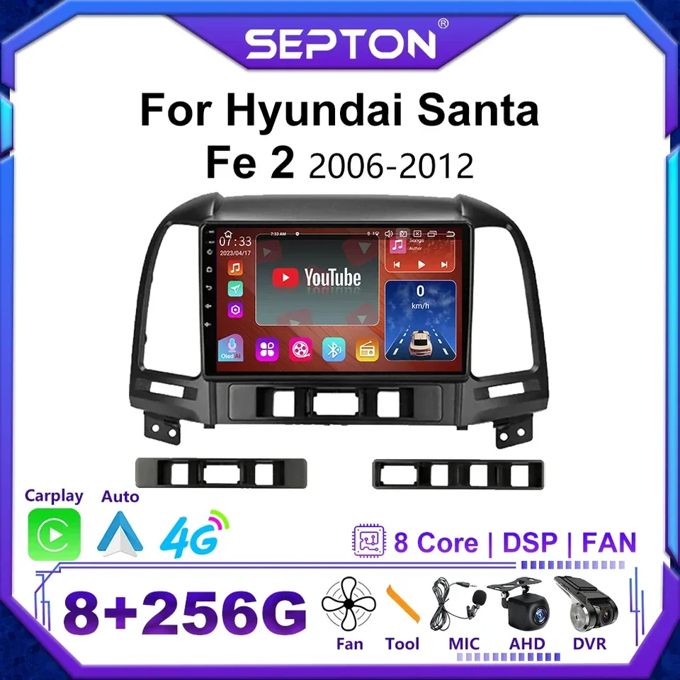 Rádio pre auto pre Hyundai Santa Fe 2 2006-2012 Multimedia Video Player 9inch CarPlay Navi Stereo GPS Headunit 2Din Android