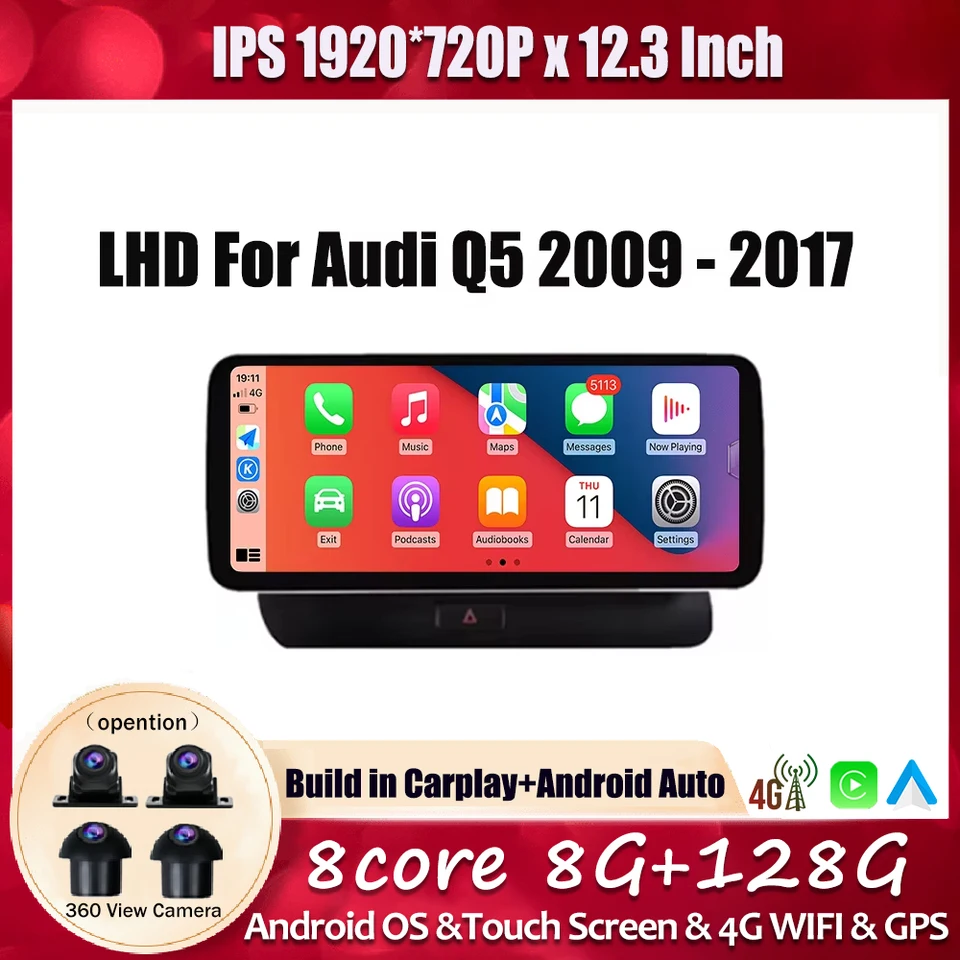 Rádio pre auto prehrávač 12,3 palca dotyková obrazovka LHD pre Audi Q5 2009 - 2017 CAR Multimedia Player GPS DSP Navigation Video 4G+WiFi