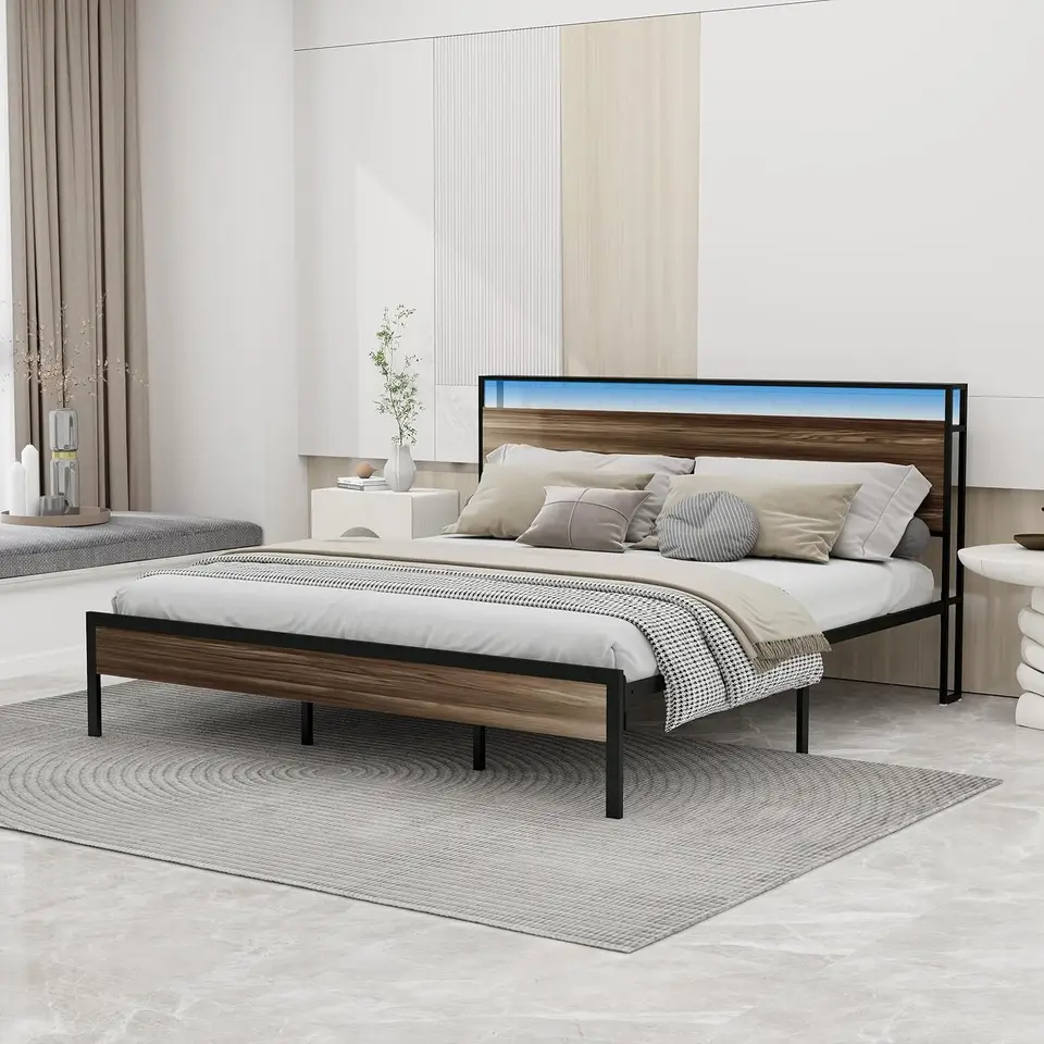 Rám King Bed s LED svetlami kovový rámec plošiny s úložným čelným panelom vstavanou nabíjacou stanicou a USB ports bez hluku bez hluku