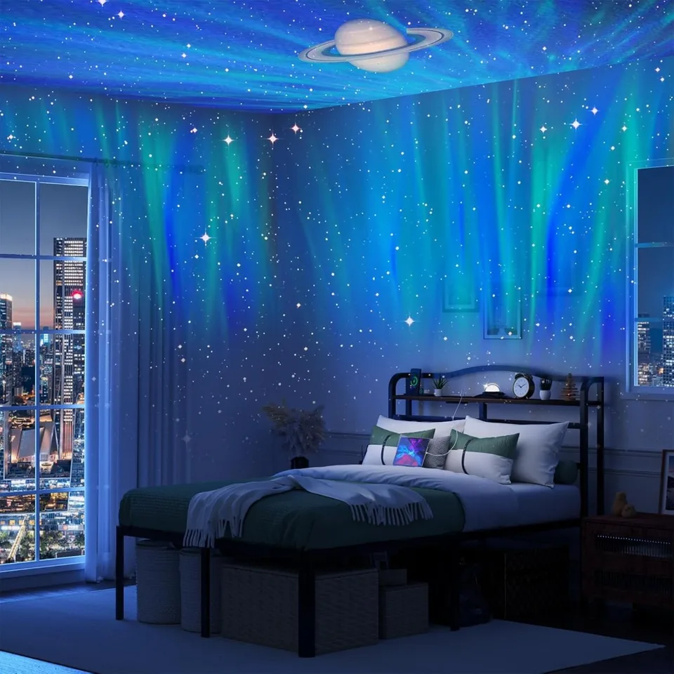 Rám kráľovnej postele s čelnou doskou a svetlami Galaxy Aurora Star Projector 18 -palcový ráme