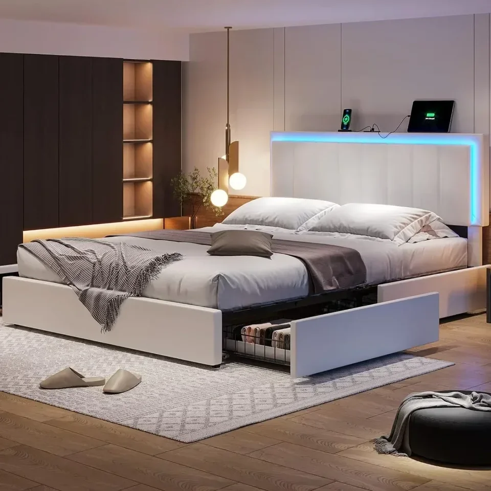 Rám kráľovnej postele so 4 úložnými zásuvkami, LED svetlo Queen Signality Bed Bed s nabíjacou stanicou, umelou kožou, rámami postele