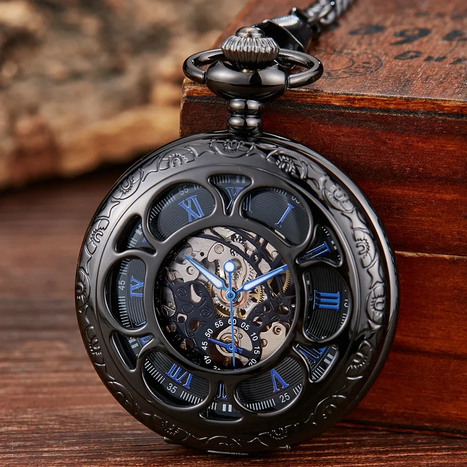 Rímsky číselný luxusný mechanický vreckový hodinky Engrave Castruve Sliver Puzdro Steampunk kostrové hodinky FOB reťazové hodiny pre mužov