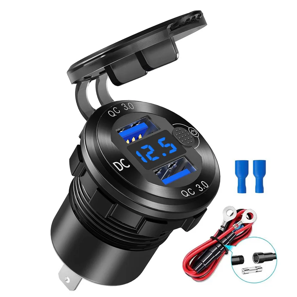 Rýchla nabíjačka hliníka QC3.0 Duálna USB Car nabíjačka s prepínačom LED napätia Displej pre motocykel lodí 12 V/24 V