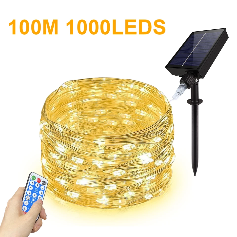Rýchly nabíjanie Solárna šnúra rozprávkové vianočné svetlo 100 m 1000 LEDS Vodotesný vonkajší girland Veľký solárny panel lampa pre záhradu