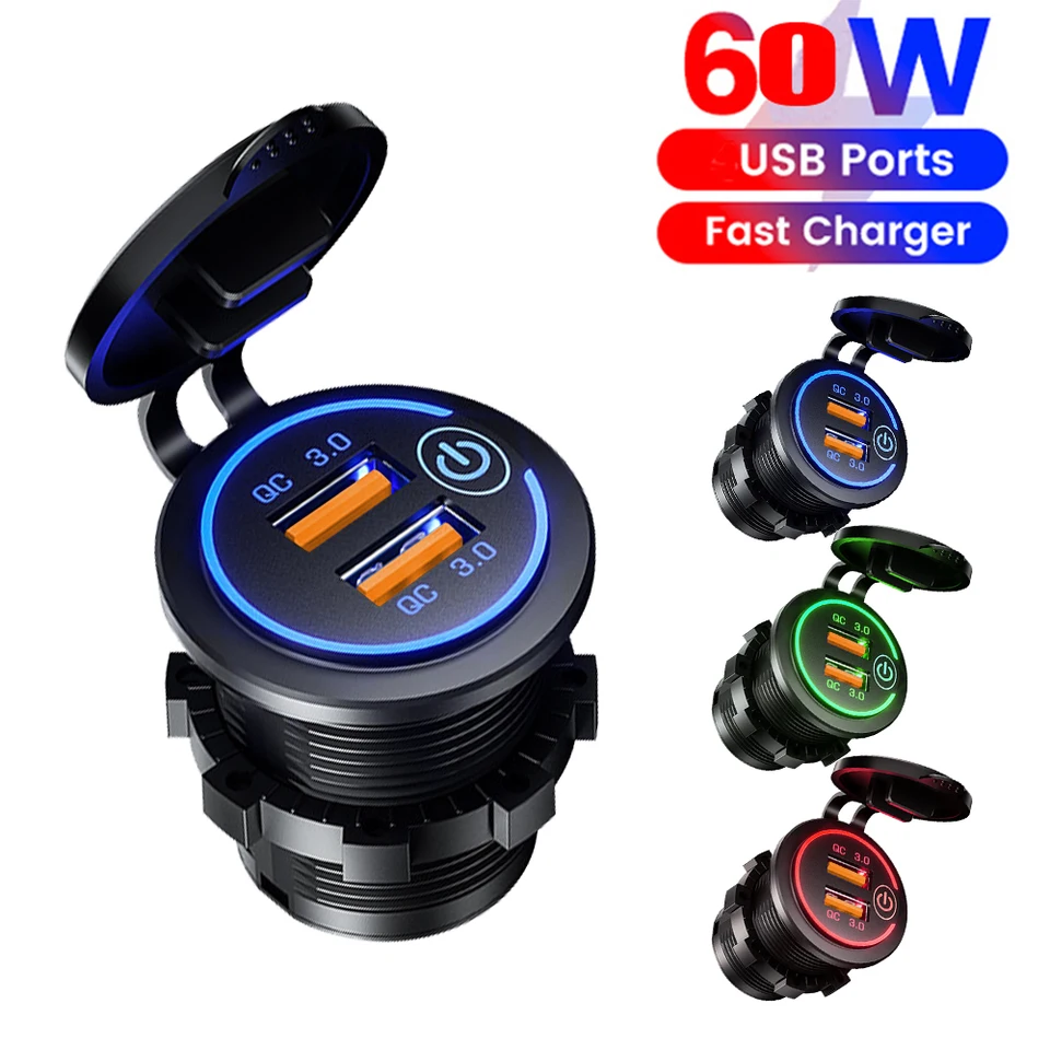 Rýchly náboj 3.0 Dual USB rýchla nabíjačka automobilu 60W nepremokavá 12V/24 V napájací vývod s dotykovým spínačom a LED svetlo vodotesný