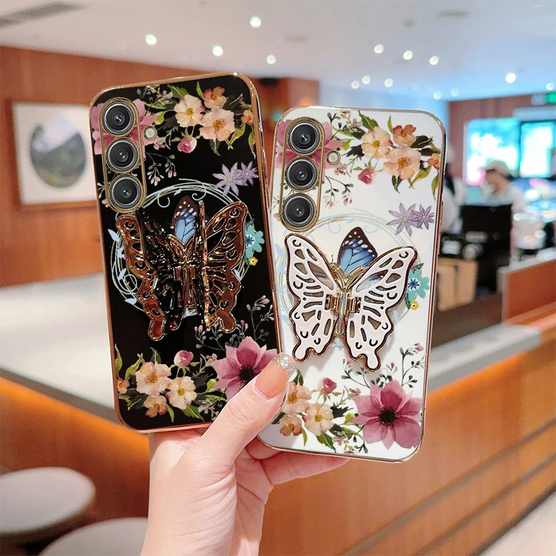 S 24 kvetinové motýľové obaly na držiak na držiak na telefón pre Samsung S24 S24fe S24Plus S22 S22Plus S23 S23Plus S23fe S21 S20 S21fe