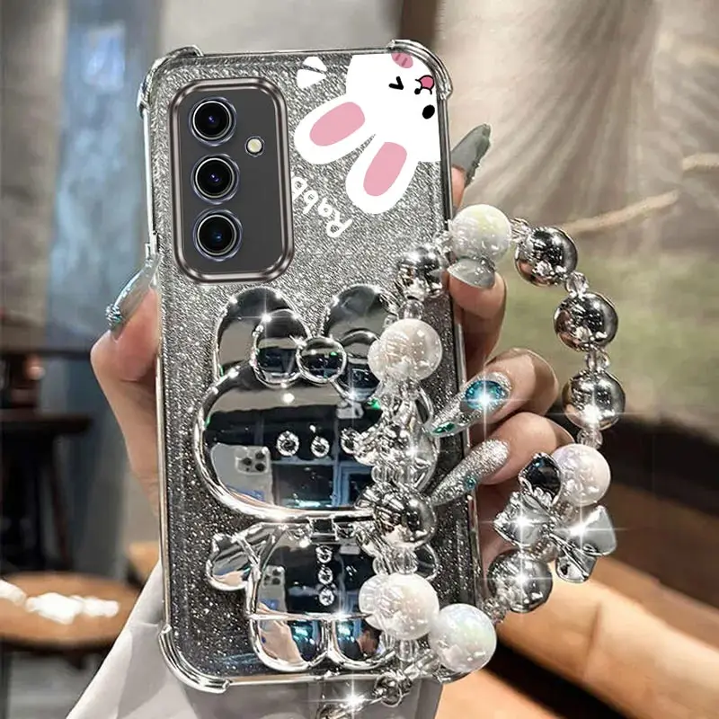 S 25 Airbag Glitter Mirror Rabbit Držiteľ telefónu Puzdro pre Samsung Galaxy S25 S24 S23 Ultra Plus Fe Anti-Knock Stand Stack Cover